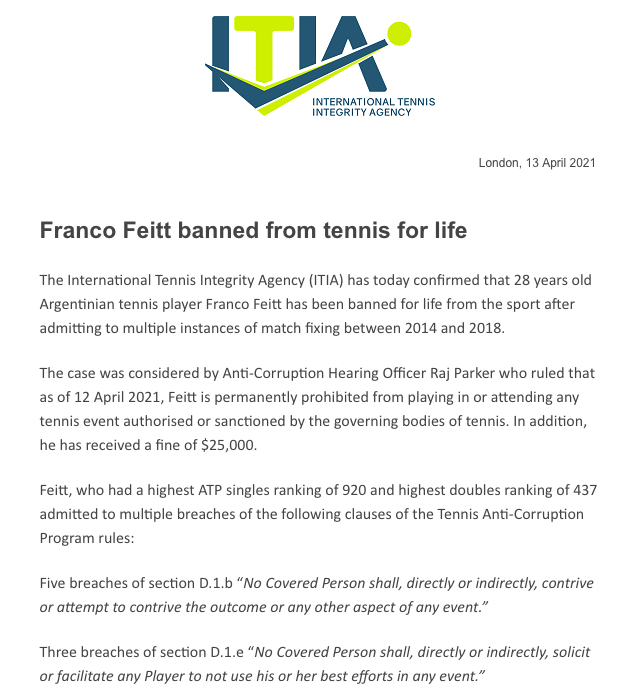 El comunicado de la suspensión de Feitt.