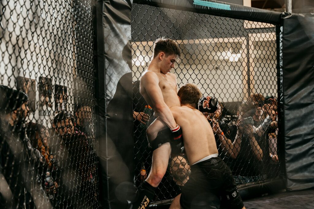 Luchadores de MMA en un octágono.